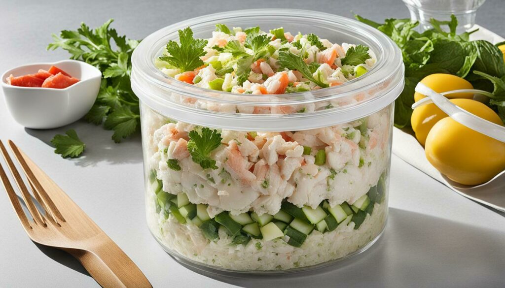 Crab salad stored in airtight container